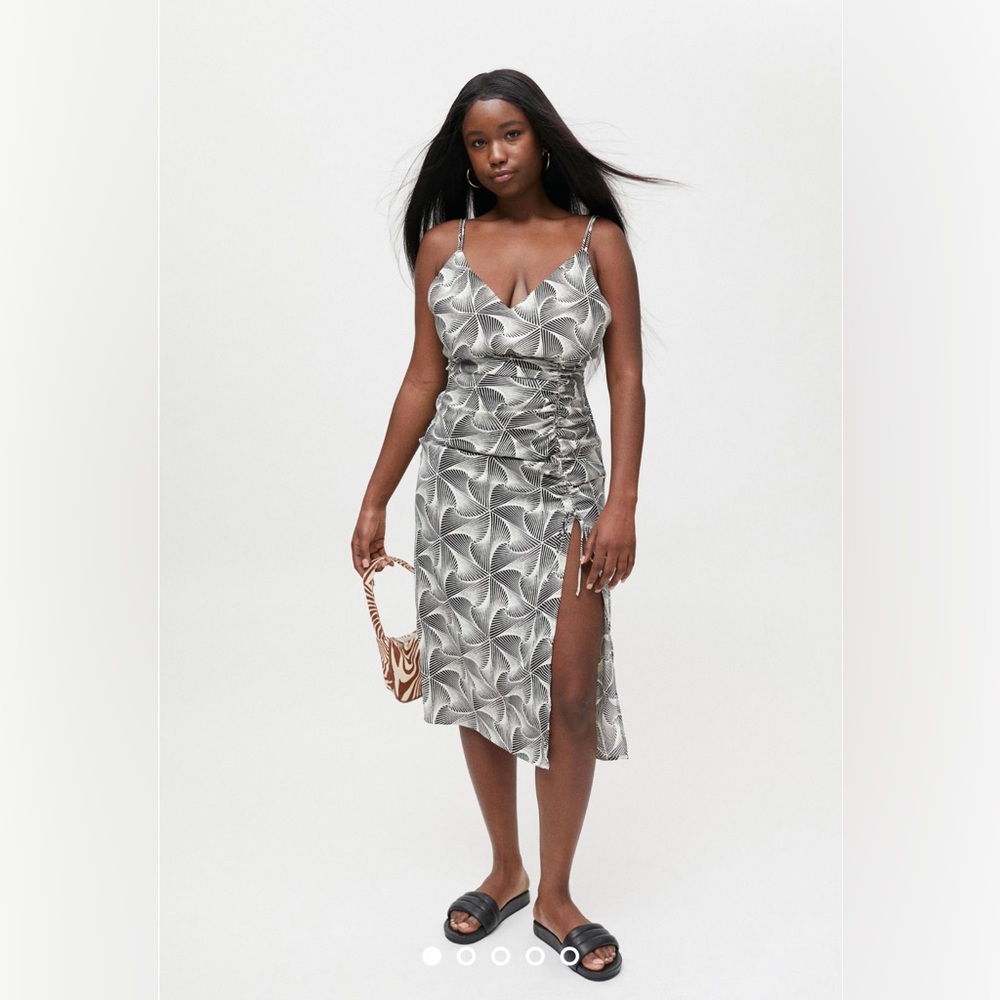 UO Ruched Satin Slip Midi Dress
